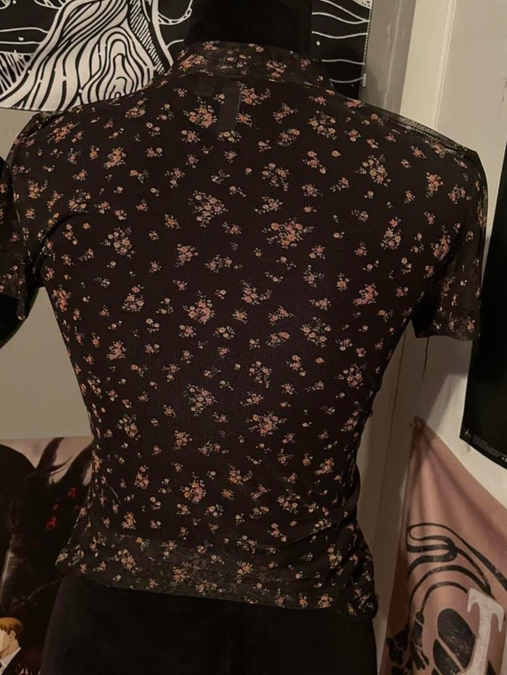 Ultra Flirt Black Mock Neck Short Sleeve Top with Pink Floral Print - Picture 3 of 5